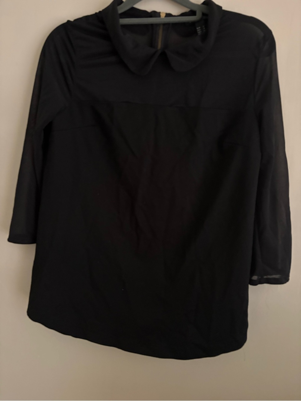 Mango Black Peter Pan Collar Blouse with Sheer Sleeves